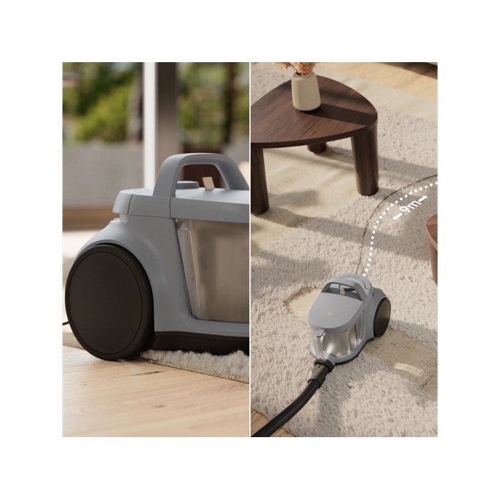 Easy to move, Easy to store, Big wheels and 9m cord for high mobility. Compact for easy storage