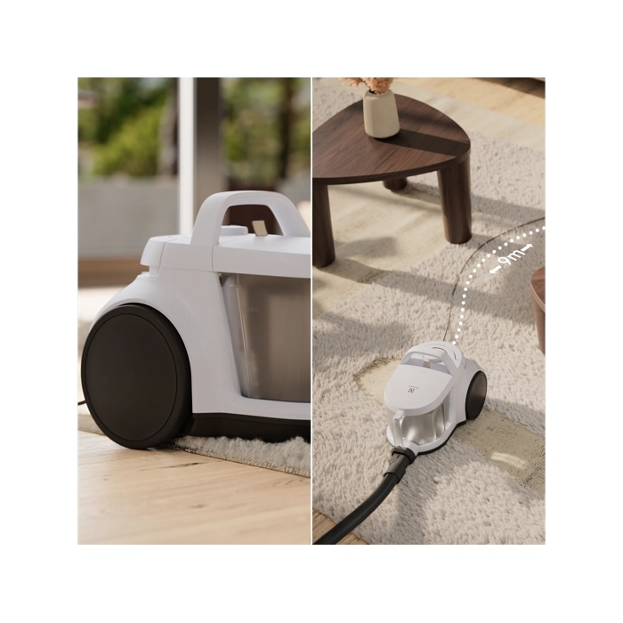 Easy to move, Easy to store, Big wheels and 9m cord for high mobility. Compact for easy storage