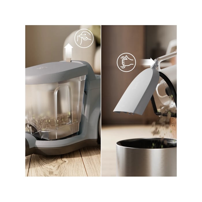 Vacuum cleaner with 2L dustbin designed for easy, spill-free emptying.