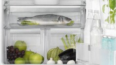 Крупний план холодильника Electrolux FreshPlus з продуктами на кожній полиці