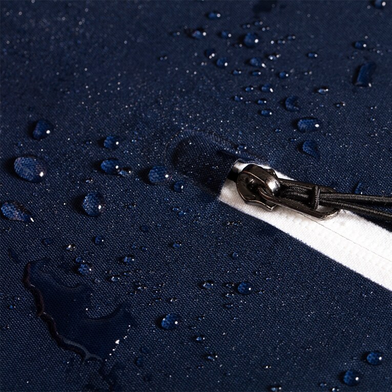 Waterdrops on dark blue fabric 
