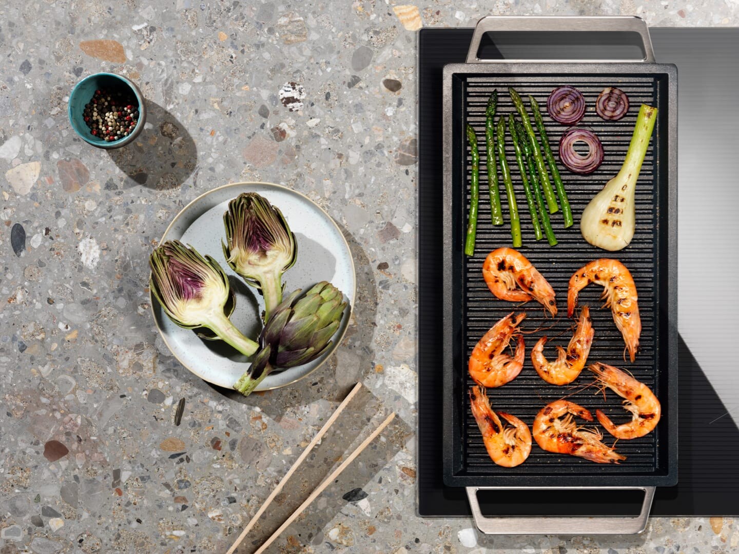 cooking food in grill pan